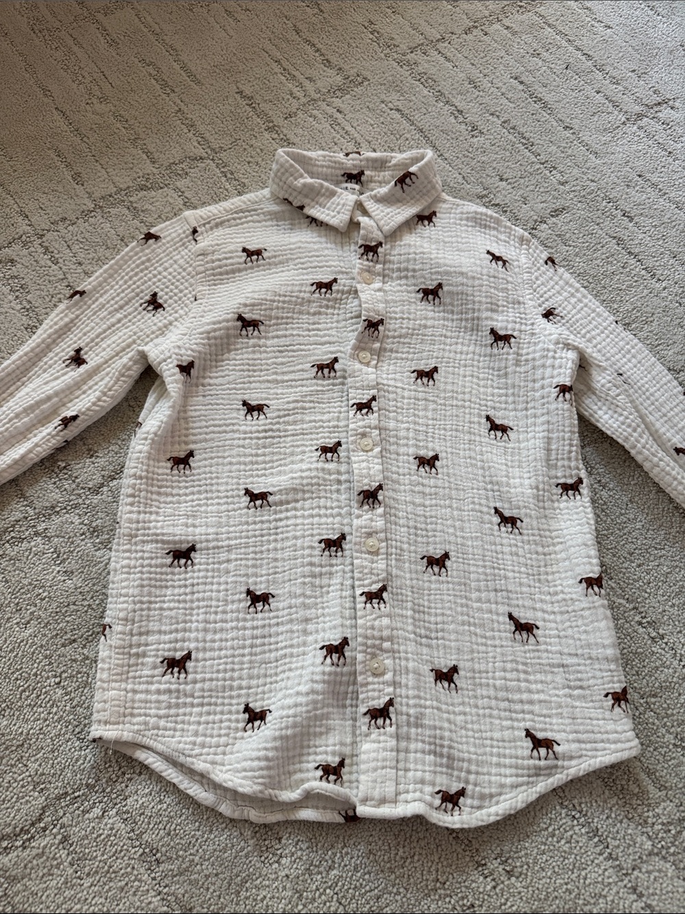 Janie and Jack White Button-Down Shirt with Brown Horse Motif